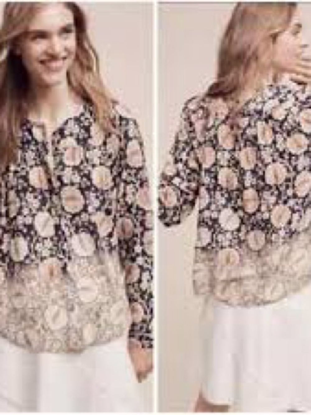 Floral Print Long-Sleeve Blouse - Navy and Cream
